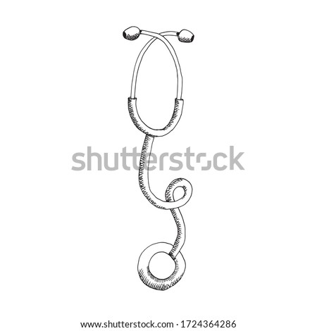 Stethoscope isolated on white background. Vector hand drawn sketch illustration in realistic outline style. Medical equipment for diagnose patients and auscultation lungs, heart, pneumonia