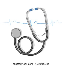 Stethoscope Isolated On White, Top View. Medical Tool, Vector Eps 10 Illustration