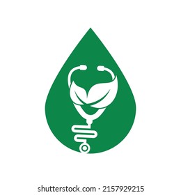 Stethoscope leaf vector logo design. Modern natural leaf with stethoscope and drop icon design.