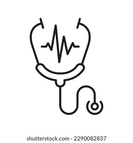 Stethoscope Line Icon. Heart Illness Diagnosis Medical Tool Pictogram. Doctor's Instrument for Pulse Examination Outline Icon. Medic Equipment Symbol. Editable Stroke. Isolated Vector Illustration.