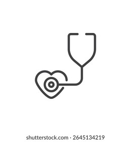 Stethoscope line icon. Outline vector icon showing a classic medical stethoscope for listening to heart and lung sounds. Medical symbol icon used in diagnostics and care. Vector style icon.