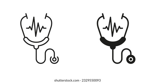 Stethoscope Line and Silhouette Black Icon Set. Heart Illness Diagnosis Medical Tool Pictogram. Doctor's Instrument, Pulse Examination. Medic Equipment Symbol Collection. Isolated Vector Illustration.