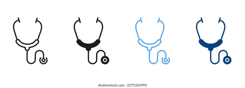 Stethoscope Line and Silhouette Icon Set. Doctor's Instrument, Health Care Black and Color Symbol Collection. Medical Tool for Heart Illness Diagnosis Pictogram. Isolated Vector Illustration.
