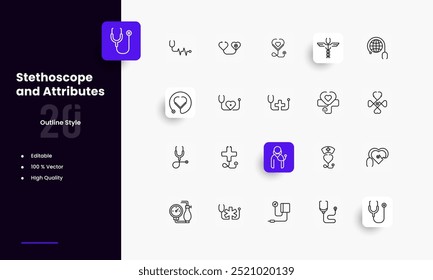 Conjunto de iconos de líneas de estetoscopio. Géneros y atributos del estetoscopio. Diseño lineal. Líneas con trazo editable. Iconos aislados del vector.