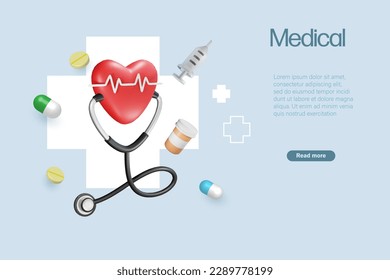 Stethoscope escucha cardiología corazón con equipo médico y cápsulas. Servicio médico para resolver problemas de salud de los pacientes. Vector 3D del concepto de seguro médico y de negocios.