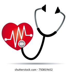 Stethoscope listening to a heart. Healthcare and medical cardiology vector icon.
