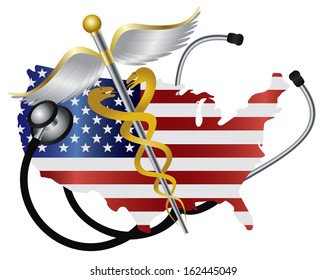 Stethoscope Listening to USA Flag Country Map Heartbeat with Rod of Caduceus Medical Symbol on White Background Vector Illustration