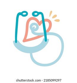 The stethoscope listens to the heart. Vector image in cartoon doodle style. Icon. Medicine, doctor, cardiology, illustration.