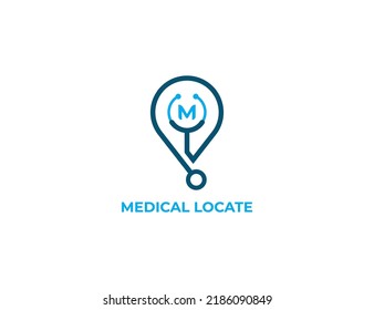 Stethoscope Location Pin Logo Concept sign icon symbol Design with Letter M. Medical Health care Logotype. Vector illustration template