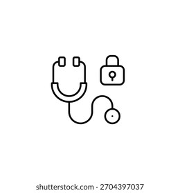 Estetoscopio y cerradura. Datos protegidos de los pacientes, consultas médicas seguras. Icono de Vector de trazo perfecto y editable