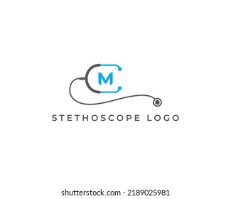 Stethoscope Logo Concept sign icon symbol Design Line Art Style with Letter M. Medical Health care Logotype. Vector illustration template