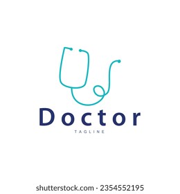 Logotipo de estetioscopio, diseño de un médico de salud, diseño de un símbolo de vector de línea simple Ilustración