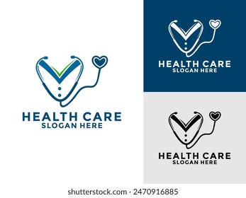 Stethoscope logo with heart shape and doctor's clothes vector Illustration, Health Care logo design
