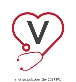 Stethoscope Logo On Letter V Concept For  Healthcare and Medical Symbol Vector Template