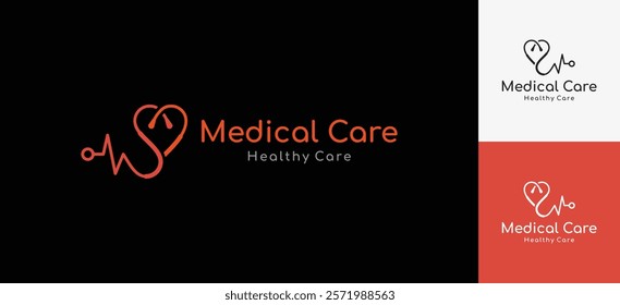 Stethoscope logo vector with heart concept and heartbeat icon line style. Medical health doctor logo