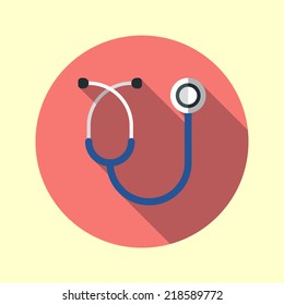 Stethoscope long shadow flat design medical icon. Vector illustration.