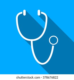 Stethoscope long shadow vector icon. Style is a flat light symbol with rounded angles on a blue square background.