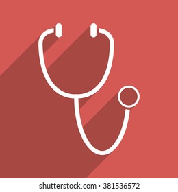 Stethoscope long shadow vector icon. Style is a flat light symbol on a red square background.
