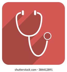 Stethoscope long shadow vector icon. Style is a flat symbol on a red rounded square button.