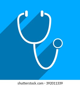 Stethoscope long shadow vector icon. Style is a flat stethoscope iconic symbol on a blue square background.