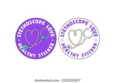 stethoscope with love heart shaped colorful doodle badge logo vector illustration design set for medical, pharmaceutical and healthcare