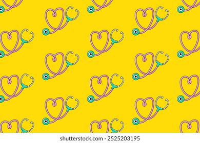 stethoscope with love shape colorful pattern on yellow background. doodle stethoscope medical seamless pattern background. funny stethoscope with heart seamless pattern for decor and merchendise