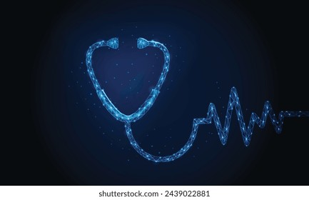 Estetoscopio Bajo poli, alambre 3d vector médico Equipo de diagnóstico. Estetoscopio abstracto poligonal futurista de atención médica y médica. Concepto del Día Mundial de la Salud. aislamiento de fondo azul oscuro.
