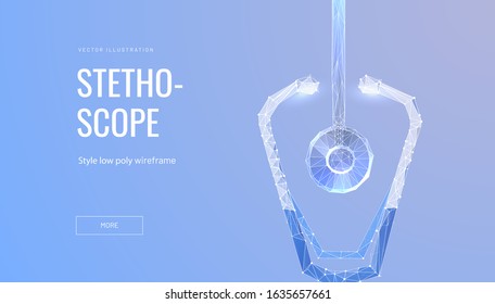 Stethoscope low poly wireframe landing page template. 3d cardiologist tool for heartbeat monitoring polygonal illustration. Diagnostic equipment homepage mockup. Hospital service webpage design layout