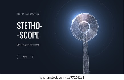 Stethoscope low poly wireframe landing page template. 3d cardiologist tool for heartbeat monitoring polygonal illustration. Diagnostic equipment homepage mockup. Hospital service webpage design layout