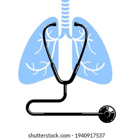 Stethoscope with lungs vector simple icon isolated over white background, pulmanology theme illustration or logo.