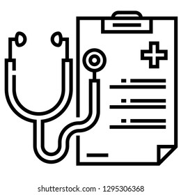 Stethoscope and medical clipboard vector illustration in line stroke design