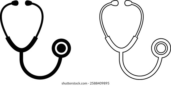 Stethoscope medical device flat, line icons set. Health and medicine symbol. Doctor equipment to measure pressure and listen heartbeat to make diagnosis to patient isolated on transparent background.