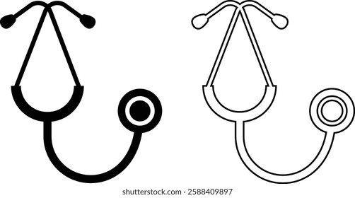 Stethoscope medical device flat, line icons set. Health and medicine symbol. Doctor equipment to measure pressure and listen heartbeat to make diagnosis to patient isolated on transparent background.