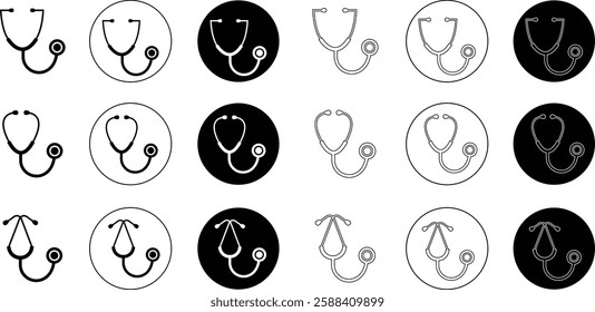 Stethoscope medical device flat, line icons set. Health and medicine symbol. Doctor equipment to measure pressure and listen heartbeat to make diagnosis to patient isolated on transparent background.