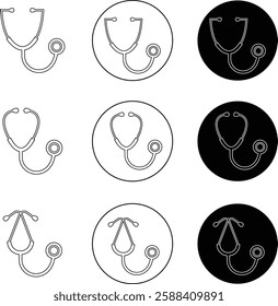 Stethoscope medical device line icons set. Health and medicine symbol. Doctor equipment to measure pressure and listen heartbeat, to make a diagnosis to the patient isolated on transparent background.