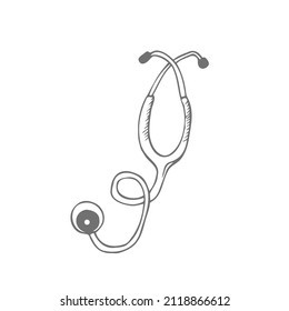 Stethoscope, medical equipment cartoon doodle hand drawn vector illustration, icon, sticker. Black line art design. Isolated on white background. Easy to change color. Medicine, health care.