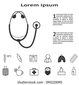 Stethoscope and medical icons monochrome collection with place for text