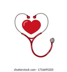 Stethoscope medical instrument, red heart shape  vector icon. Health care love support logo. Pandemic Life Saving logo.