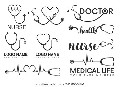 Paket mit dem medizinischen Stethoskop, Logo-Design, Paket mit dem medizinischen Logo, Gesundheitsversorgung mit dem Stethoskop-Paket, Medizinisches Symbol mit Stethoskop-Vektorgrafik, Gesundheitssymbol mit dem Herzschlag, Stethoskop 