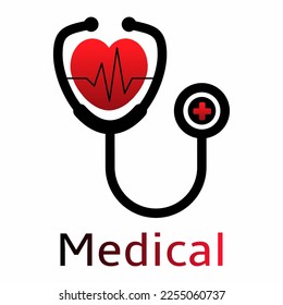 Stethoscope medical logo vector illustration. Cardiogram heart symbol. Red color heartbeat and stethoscope icon. Modern medical logo design