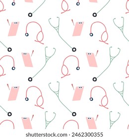 Estetoscopio y tableta médica sin patrón. Patrón de dibujos animados simple con herramientas médicas. Fondo de Vector para un centro médico, clínica, impresión, Diseño web. Fondo blanco. 