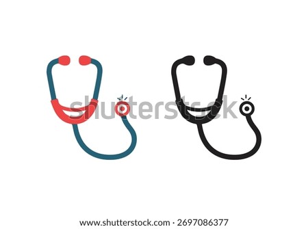 Stethoscope medical tool icon, two variations a solid black colored version silhouette, 
Stethoscope for healthcare symbol, doctor, nurse. 
Simple stethoscope design, medical equipment vector icon