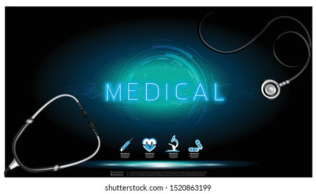 Stethoscope Medical treatment tools and  Icons set about medicine - Neon Text   Medical -  creativity idea and  concept - background  innovation technology  modern Infographic template.