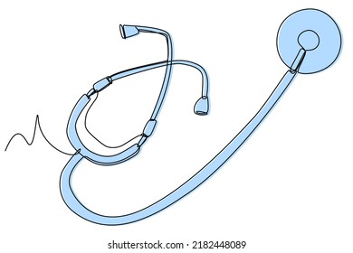 Stethoscope, medical tube for listening to the heart and lungs, equipment for therapists, disease prevention. Color image on a white background, one line, isolated. For posters on the topic of health.