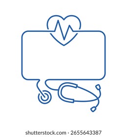 Estetoscópio com mensagem. Informações médicas atuais, cartaz. Ícone linear de vetor isolado no plano de fundo branco.