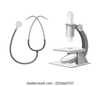 Estetioscopio y microscopio como equipo médico y conjunto de vectores de equipo