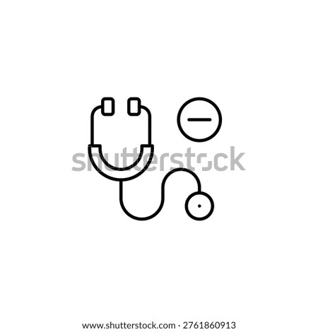 Stethoscope and minus. Appointment cancelled, time unavailable. Pixel perfect, editable stroke vector icon