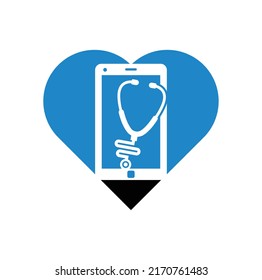 Vector de diseño del logo del concepto de forma del corazón móvil de Stethoscope. Plantilla de logotipo vectorial del doctor del teléfono.