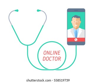 Stethoscope With Mobile Phone, Doctor On The Screen. Telemedicine And Telehealth Flat Concept Illustration Of Smart Phone, Medic And Phonendoscope. Vector Design Element For Tele Medical Infographic.