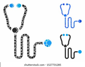 Stethoscope mosaic of round dots in variable sizes and color tinges, based on stethoscope icon. Vector round dots are organized into blue composition.